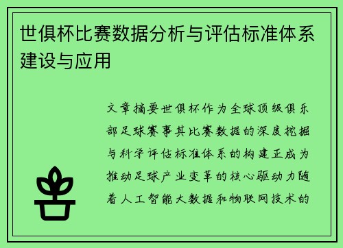 世俱杯比赛数据分析与评估标准体系建设与应用
